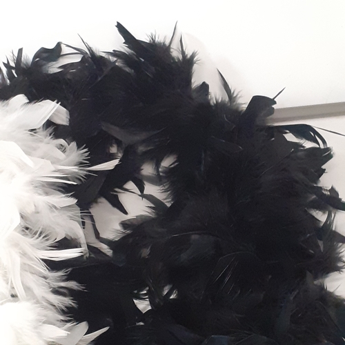 16 - Three boa feather type scarves. All have tags as new, one still in packet. 2 white and one black