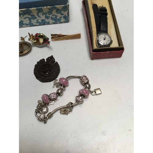 48 - Jewellery box inc ear rings, tie pins & replica Pandora bracelet