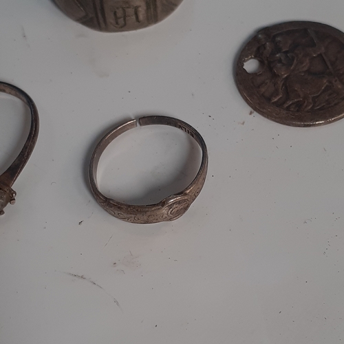 16A - Sterling silver pieces-St Christopher has had hole drilled, broken buckle ring, two other rings, one... 