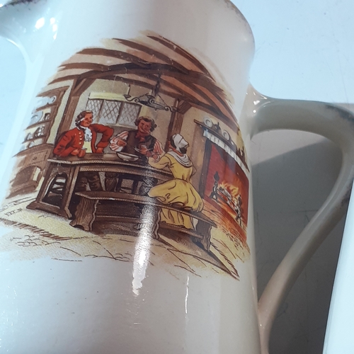 Pair water jugs. Kitchen scenes with ladies at spinning wheels. Stamped