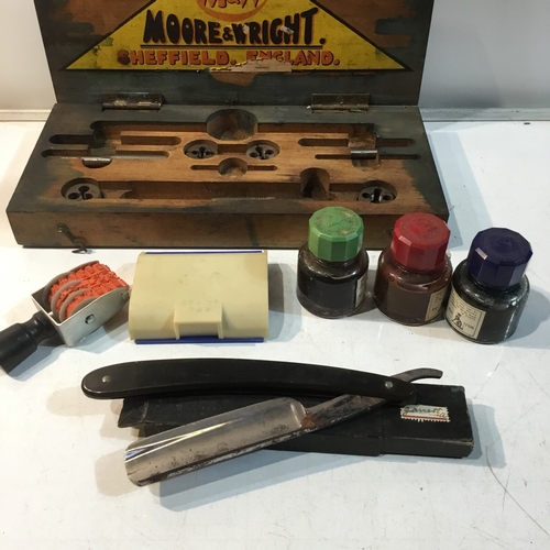 7 - Collectible lot inc old ink, shavers blade, rubber stamp plus antique tap & die set