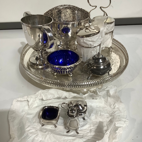 276 - Collection of silver plate includes rose bowl, double handle cup tray & more