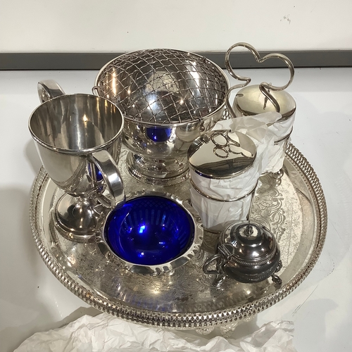 276 - Collection of silver plate includes rose bowl, double handle cup tray & more