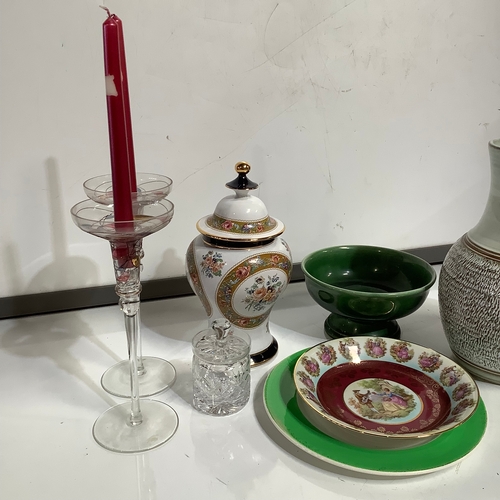 282 - large Denby style vase, stained glass candlesticks, Belgium pottery storage pot & more