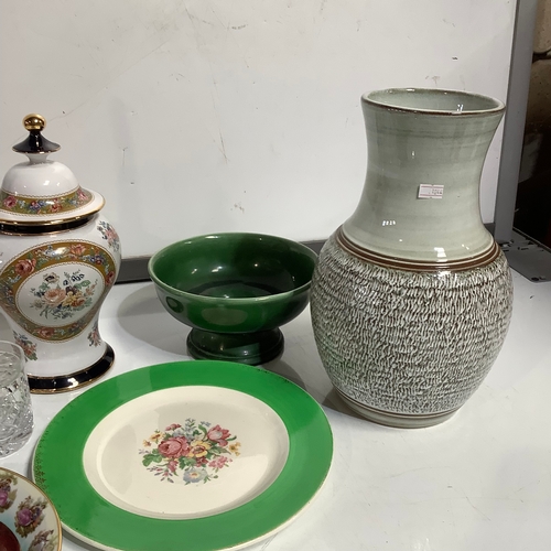 282 - large Denby style vase, stained glass candlesticks, Belgium pottery storage pot & more