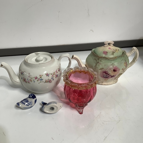 285 - White Floral teapot pale green, floral teapot, ruby pink glass pot/vase & more