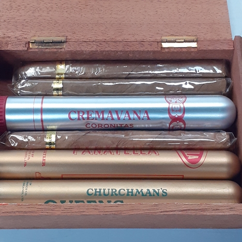 17 - Cigar box containing mixed cigars. Includes Panatelas, Cavaliers and more  Some in holders and other... 