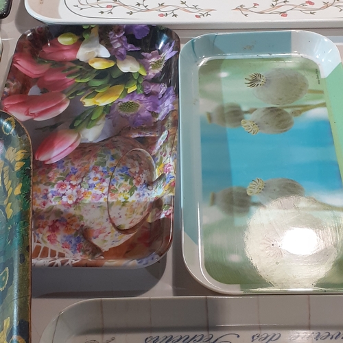 33 - Quantity of trays. Mostly melamine or plastic with one porcelain.  Nice condition with no damage. Di... 