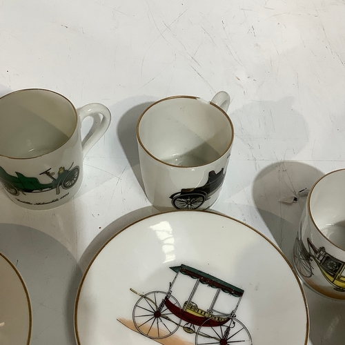 332 - Quantity of miniature cups and saucers French made porcelain featuring vintage cars. In good like ne... 