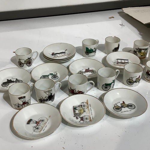 332 - Quantity of miniature cups and saucers French made porcelain featuring vintage cars. In good like ne... 