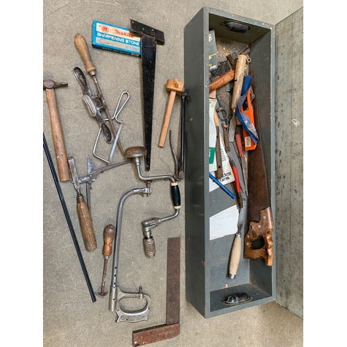 323 - Very large wooden toolbox with inner section & contents of tools - 110cm wide