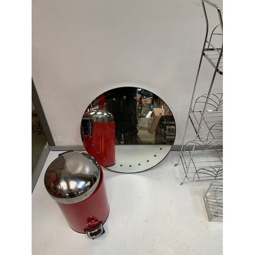 399 - Mixed metal homeware inc shower head, storage rack, mirror & pedal bin