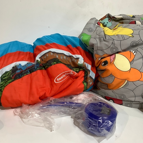 351 - Selection of children’s items including a Pokémon beanbag, Thomas the Tank Engine blow up bed with p... 