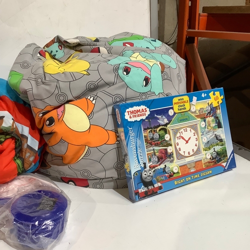 351 - Selection of children’s items including a Pokémon beanbag, Thomas the Tank Engine blow up bed with p... 