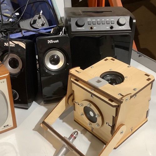 377 - Electrical audio lot including radios, speakers, and microphones.