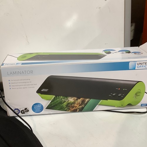 357 - United office laminator. Maximum size A3. Boxed & massaging cushion