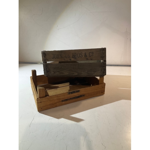 184 - Johnson Bros & Co 2/- deposit crate, strawberry crate  and white wicker basket