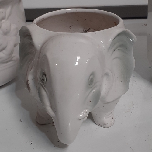 22 - Planters x 3. White ceramic with 2 large plain and one elephant shape. Used but good quality and con... 