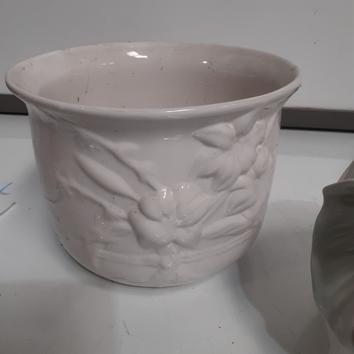 22 - Planters x 3. White ceramic with 2 large plain and one elephant shape. Used but good quality and con... 