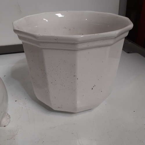 22 - Planters x 3. White ceramic with 2 large plain and one elephant shape. Used but good quality and con... 