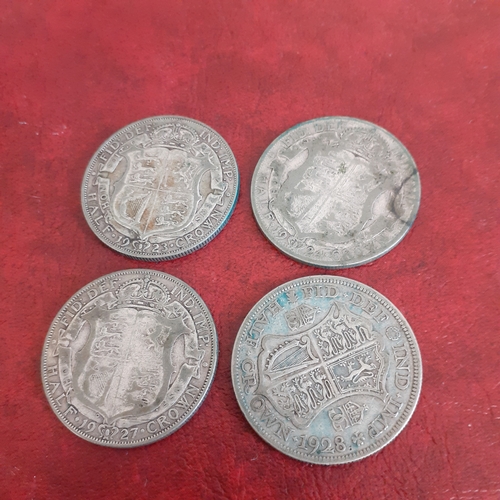 44A - 4 x half crowns dated 1923, 1924, 1927, 1928. See pictures for detail