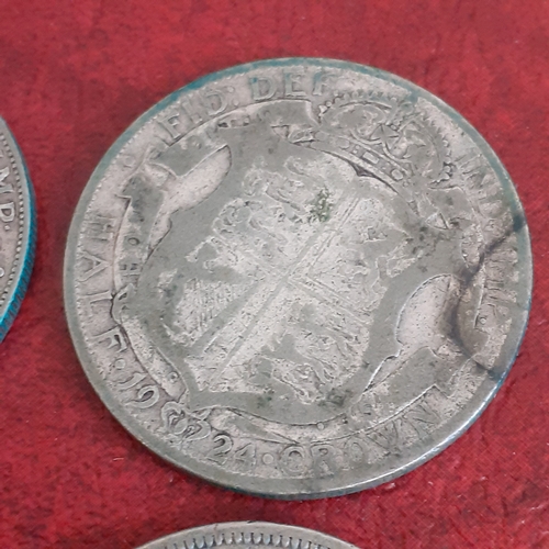 44A - 4 x half crowns dated 1923, 1924, 1927, 1928. See pictures for detail