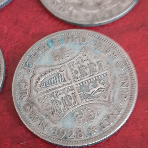 44A - 4 x half crowns dated 1923, 1924, 1927, 1928. See pictures for detail