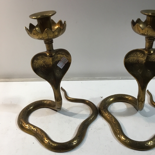 26 - Pair of brass cobra head snake candlestick holders