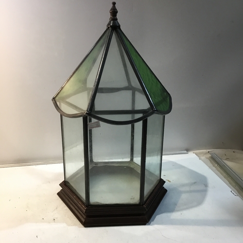 84 - Hexagonal stained glass & lead display case with triangular lid