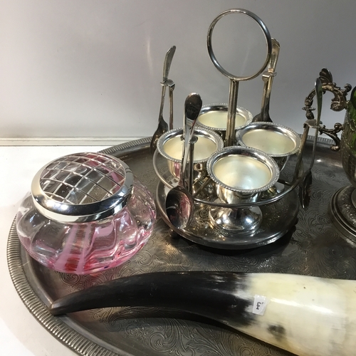 92 - Collectible lot inc silver plate egg & spoon set, art nouveau silver plate & glass dish, animal horn... 