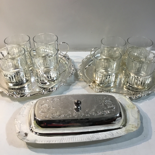 107 - Chrome plated sets of 4 small coffee mugs & glass butter dish