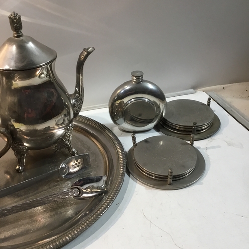 153 - Silver plated teapots, coasters, tray & more