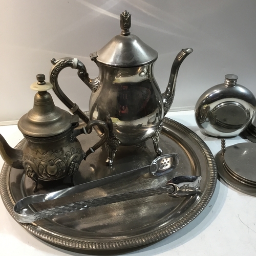 153 - Silver plated teapots, coasters, tray & more