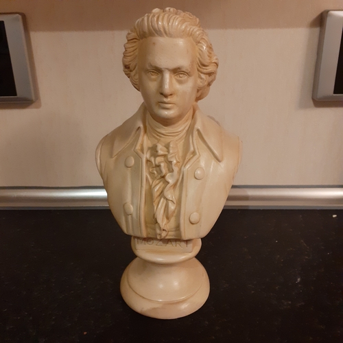 256 - Mozart bust. Approx 8 inches tall. Probably a coated plaster. Nice detail. Might benefit a clean