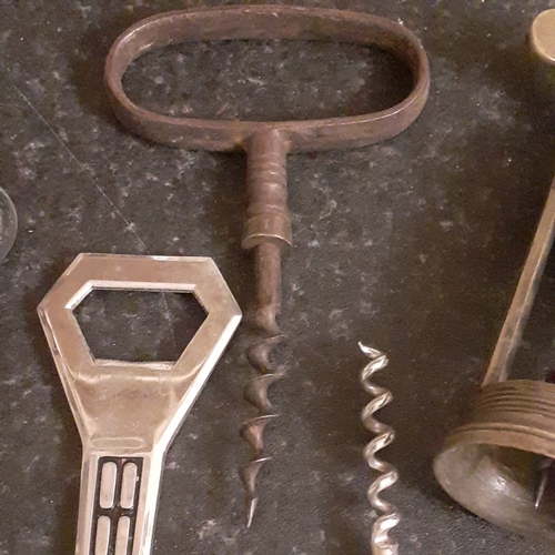 266 - Collection of metal corkscrews and bottle opener. Very nice vintage examples. Solid with no damage