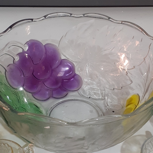 286 - Vintage Indonesian made glass punch bowl with 10 punch cups. Unusual eye-catching design with pastel... 