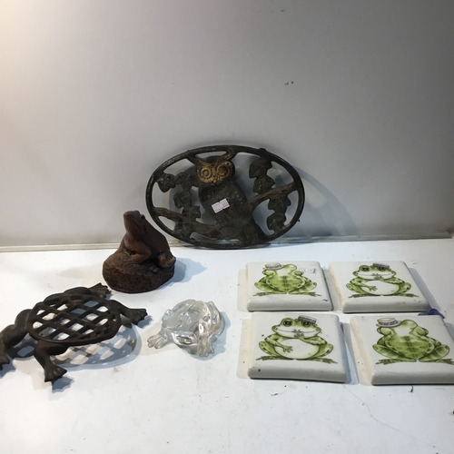 176 - Quantity of frog related items inc frog tiles, glass frog, metal trivet & more