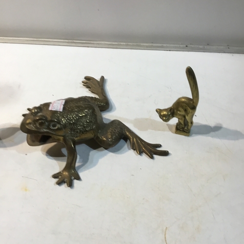 222 - Brass frog & 2 brass cat ornaments