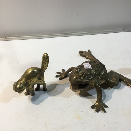 222 - Brass frog & 2 brass cat ornaments