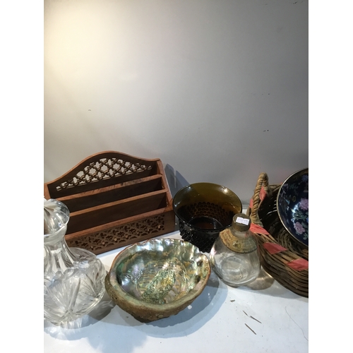 240 - Collectible lot inc paper holder, glass decanter, blue glass dish, oriental bowl & more