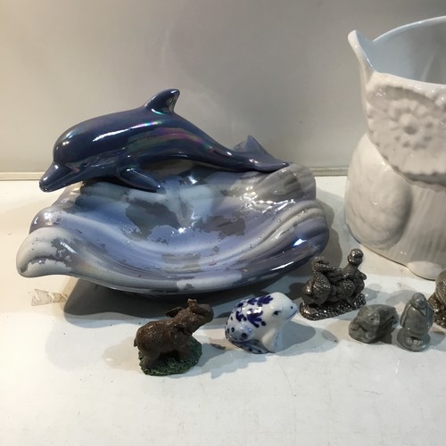 212 - Dolphin themed dish from Florida & owl style planter