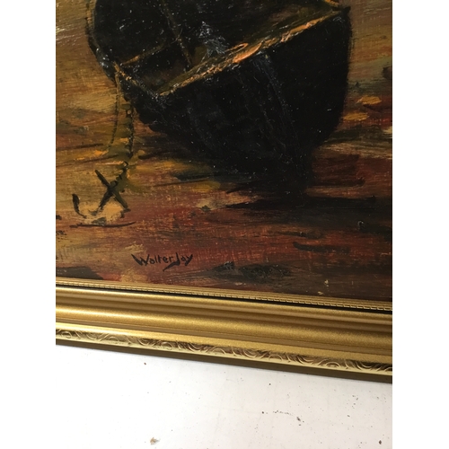 274 - Oil on board painting of beached boat in gilt frame - signed Walter Jay - 65x50cm