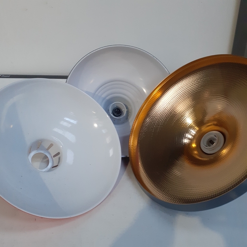 17 - Three ceiling lightshades. Metal in different colours and good condition.