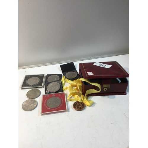 342 - Collection of crowns, ptas, one penny, Badges - in a small Jewellery box