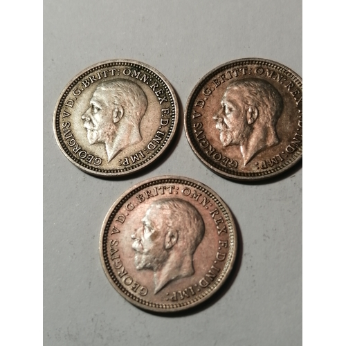 28A - 3 x George V silver threepenny bits dated 1934,35 and 1936 All coins in extremely fine condition