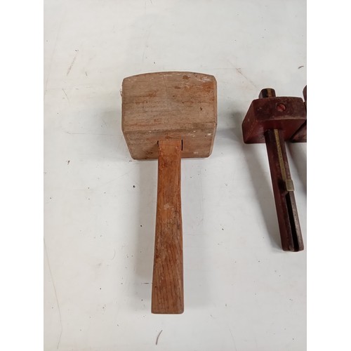 341 - 3 vintage wooden tools, 2 of which are mortice marking gauges. The two smaller ones are stamped with... 