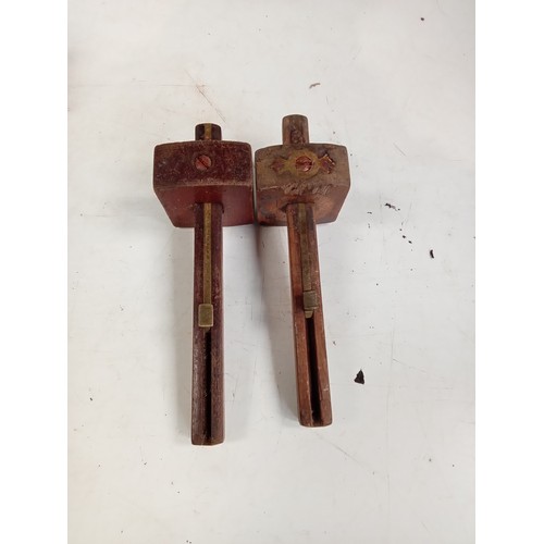 341 - 3 vintage wooden tools, 2 of which are mortice marking gauges. The two smaller ones are stamped with... 