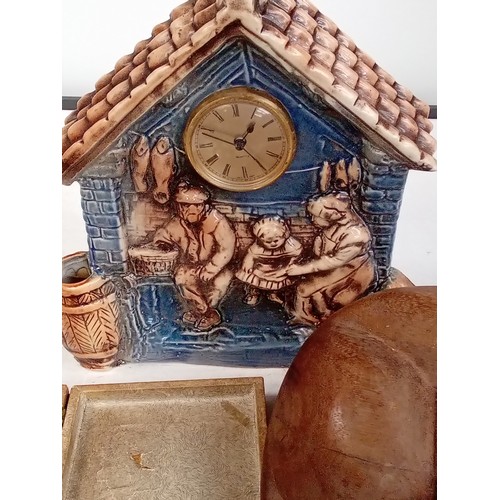 263 - Mixed lot to include a wooden cat, a small vintage cased chess set, 2 attractive clocks, some silver... 