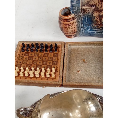 263 - Mixed lot to include a wooden cat, a small vintage cased chess set, 2 attractive clocks, some silver... 