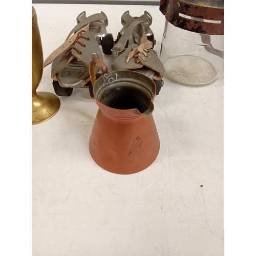 309 - Small vintage collectible lot comprising of a copper jug, vintage roller skates, a kerosene drip jar... 